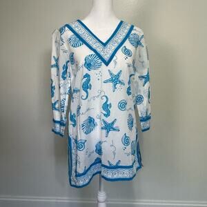 Palm Harbour Seashells Top S Women 100% Cotton Blue White Tunic Beach Coastal